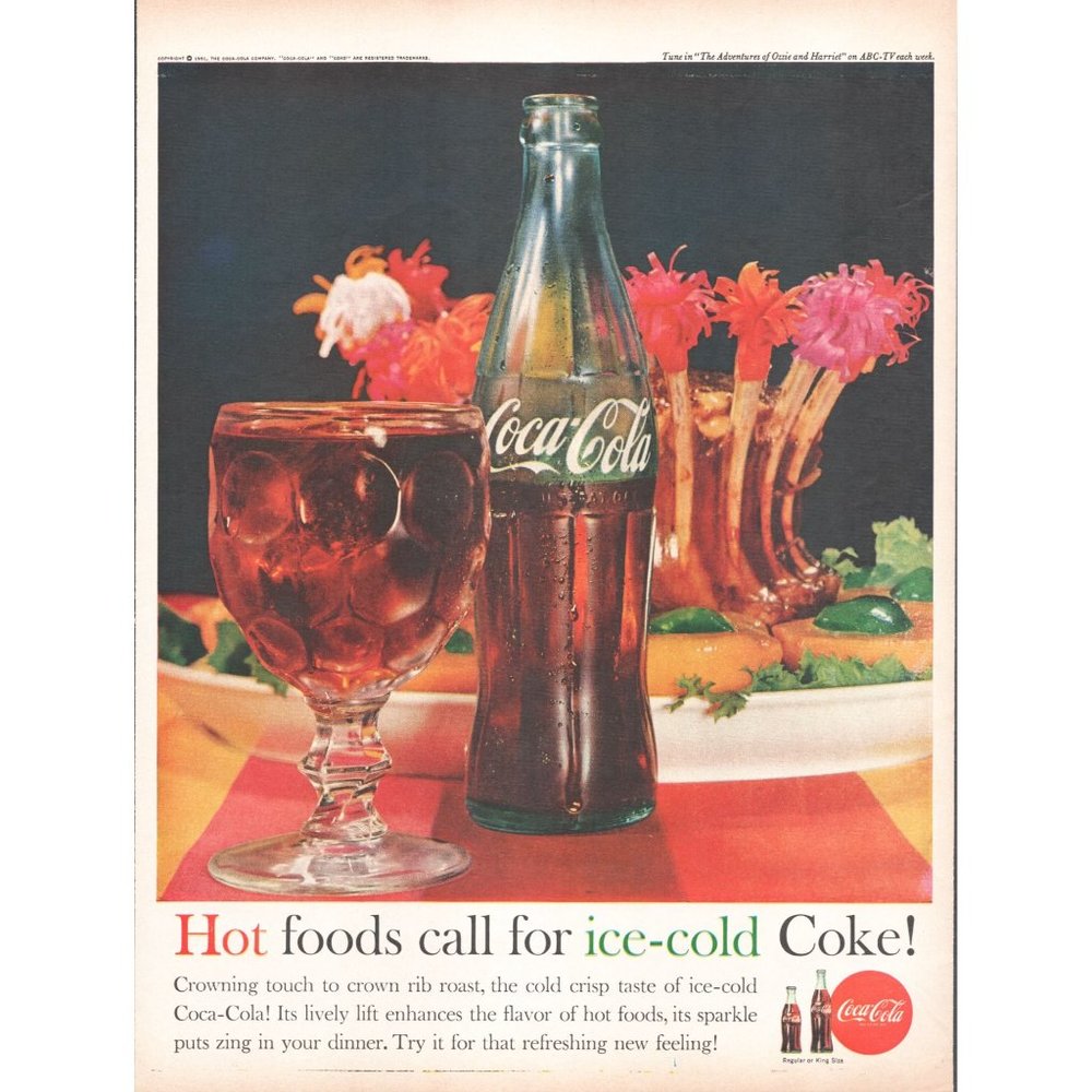1961 Coca Cola Coke Classic Bottle Vintage Print Ad Crown Rib Roast Wall Art 60s